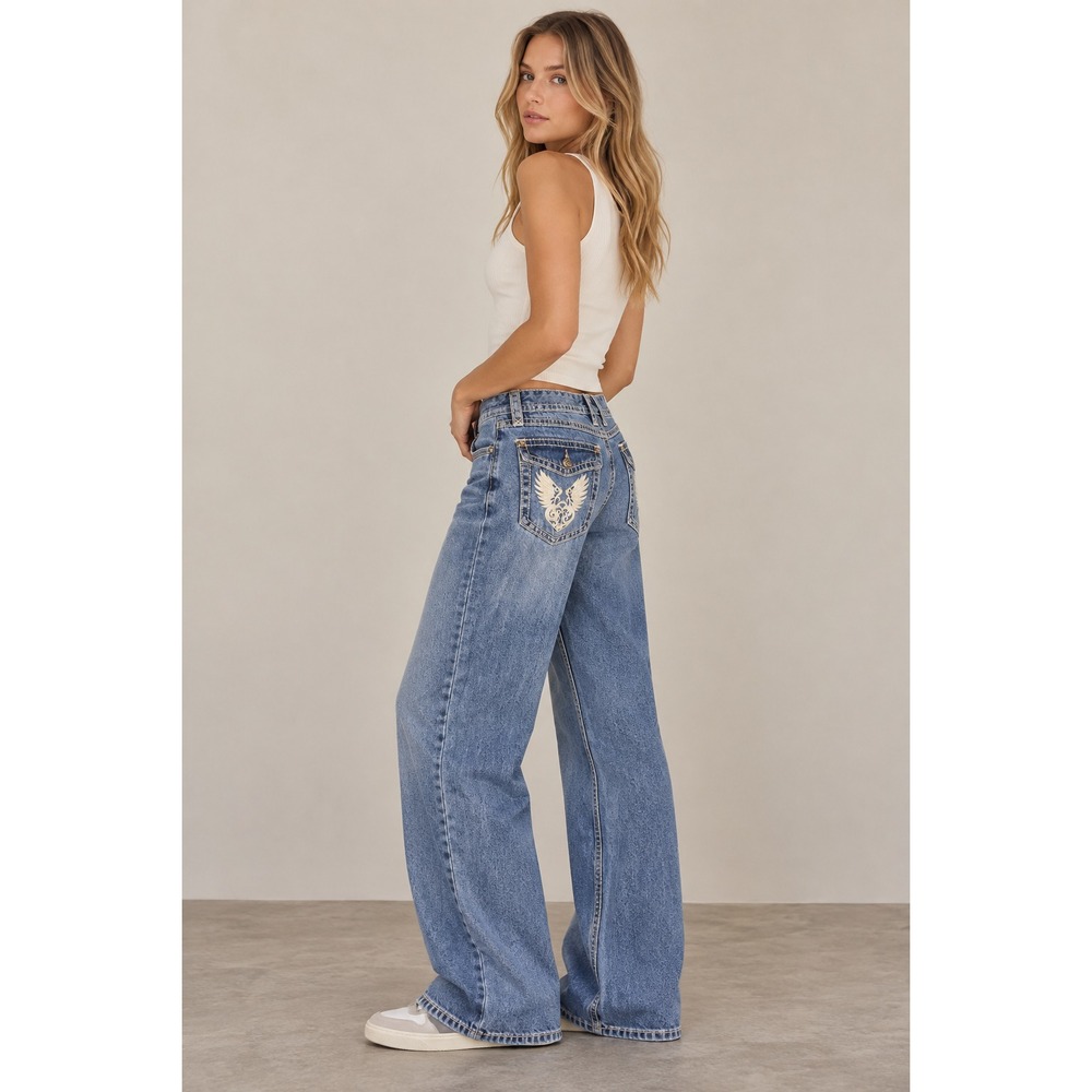 RSQ Jeans Sz 27 Wing Embroidered Baggy Wide Leg Flap Pockets Thick Stitch